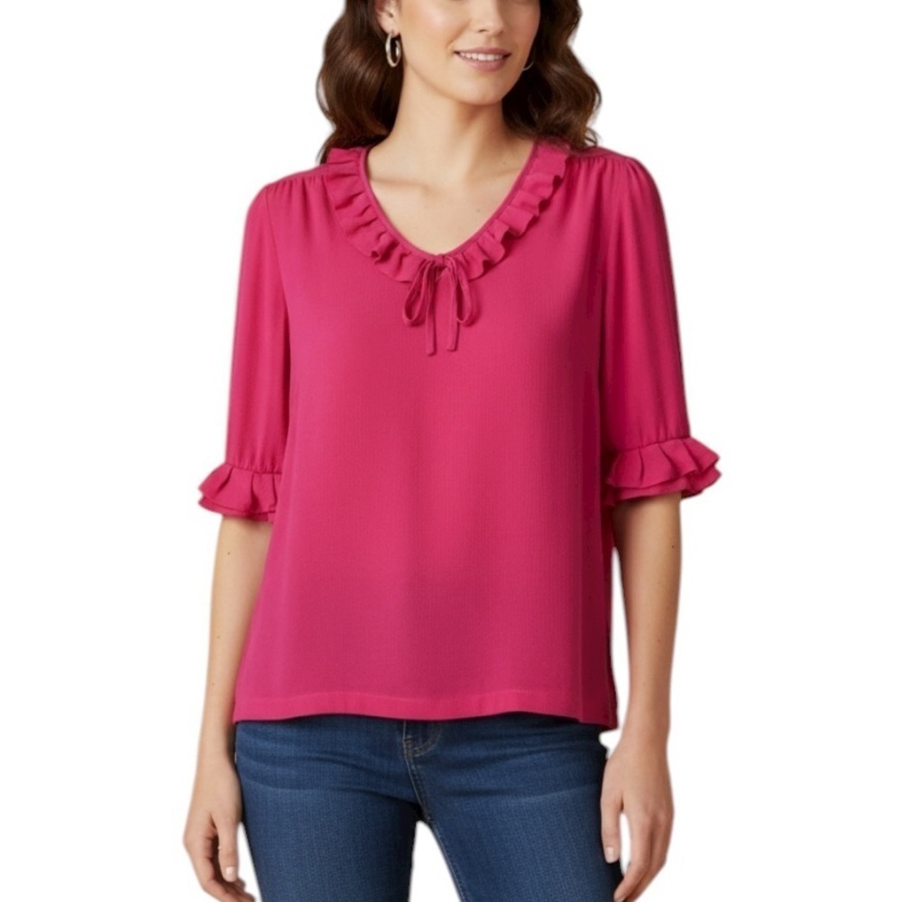 Balenciaga Silk Ruffle Short Sleeve Tie Neck Blouse Size 36 Small Hot Pink
